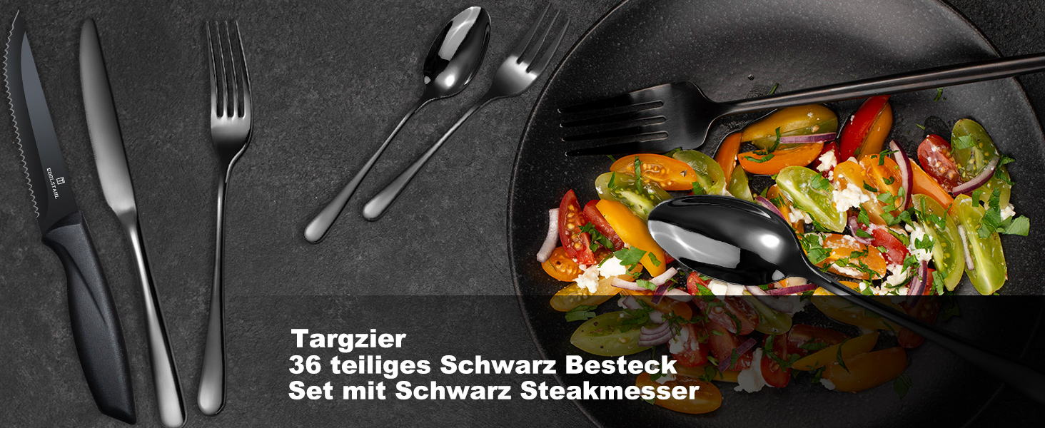 Набір столових приборів на 6 осіб Targzier 36 предметів: ложки, виделки, ножі для стейку. Якісний набір столових приборів з нержавіючої сталі, чорний колір, для сім'ї, вечірки, готелю, придатний для миття в посудомийній машині.