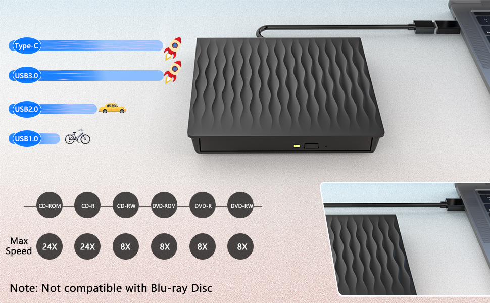 Зовнішній DVD/CD привід USB 3.0 та Type-C, DVD-брунер +/-RW для ноутбука та ПК, сумісний з Windows 11/10/8/7, MacOS, Linux, чорний