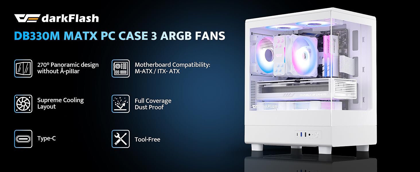 Корпус для ПК DarkFlash DB330M Micro-ATX з 3 RGB вентиляторами, скляний, підтримка AIO 240мм, Type-C, білий