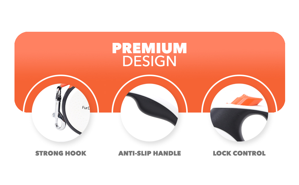 Рулетка для собак FurDreams – міцна висувна повідка 5 м | Зі зручним неслизьким руків'ям та блокуванням | Міцний нейлоновий шнур, що не заплутується | Карабін для нашийника (великий) | Оранжевий, великий