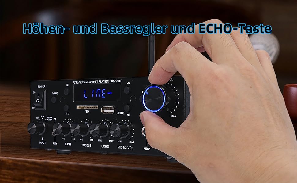 Міні підсилювач 60Вт+60Вт Bluetooth стерео, цифровий Hi-Fi аудіо підсилювач для дому та авто, USB, SD, FM, MIC, LCD дисплей, 12V/230V, 2-канальний (33BT)