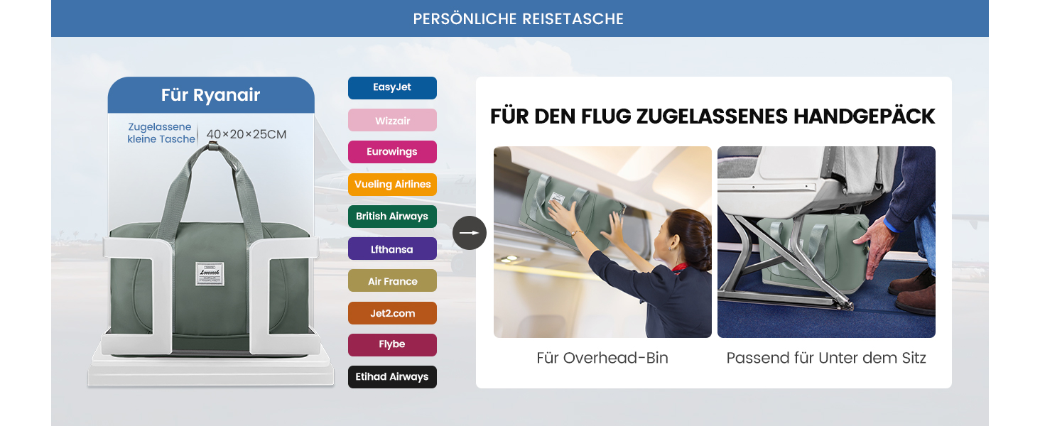 LOVEVOOK Сумка ручної поклажі Ryanair, 40x30x20 см, розширювана, для подорожей літаком, зелена