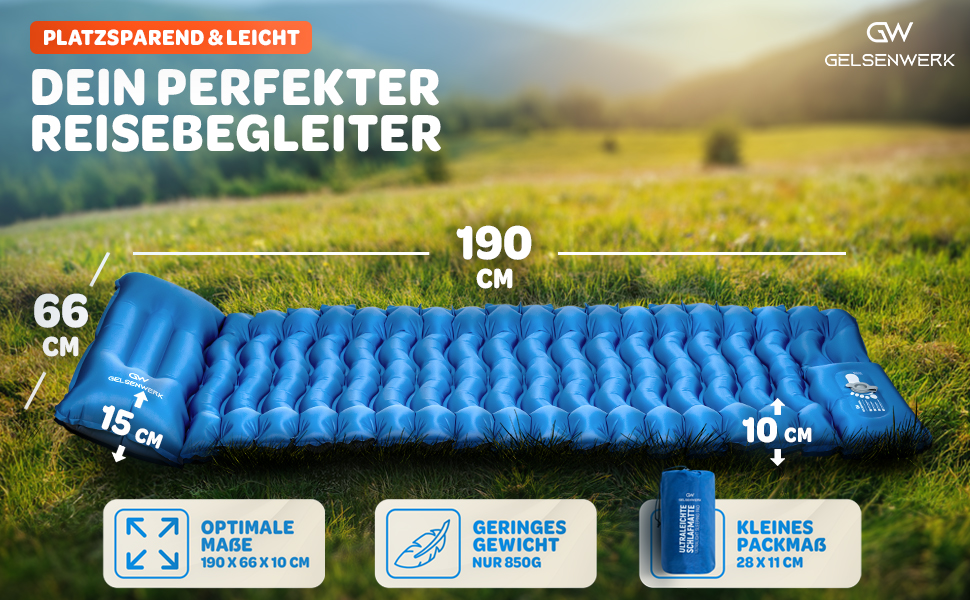 GELSENWERK Self-Inflating Sleeping Pad with Foot Pump - Ultralight Camping Air Mattress with Pillow for Travel, Hiking & Tent Use