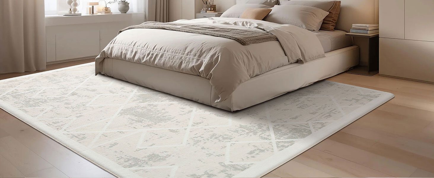 Килим Leesentec для вітальні, спальні: геометричний, сучасний, антиковзаючий, короткий ворс, бежевий, великий, білий (слонова кістка), 80 x 120 см, прямокутний