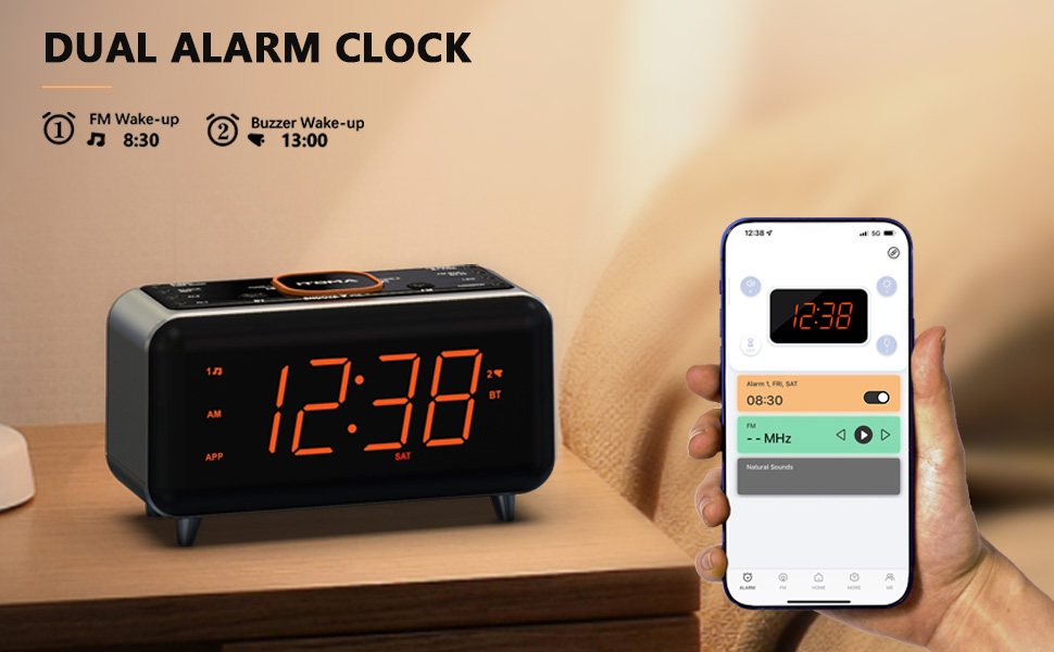 iTOMA радіобудильник з Bluetooth, FM-радіо, App-керуванням, подвійним будильником, 4 режимами, димером, нічником, USB-зарядкою, модель CKS208