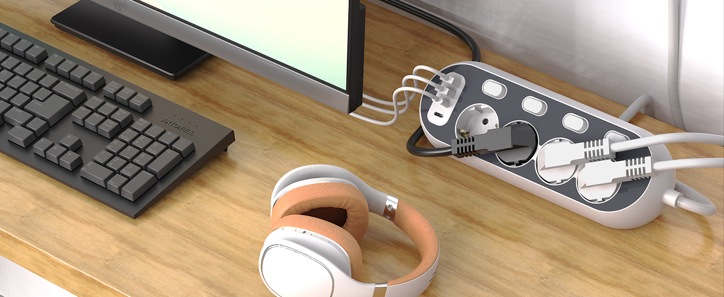 Мережевий фільтр з USB, індивідуальне вмикання розеток, 4 розетки, 2 USB-C, 8 в 1 з вимикачем, адаптер з кабелем 1,5м для кухні, дому, офісу
