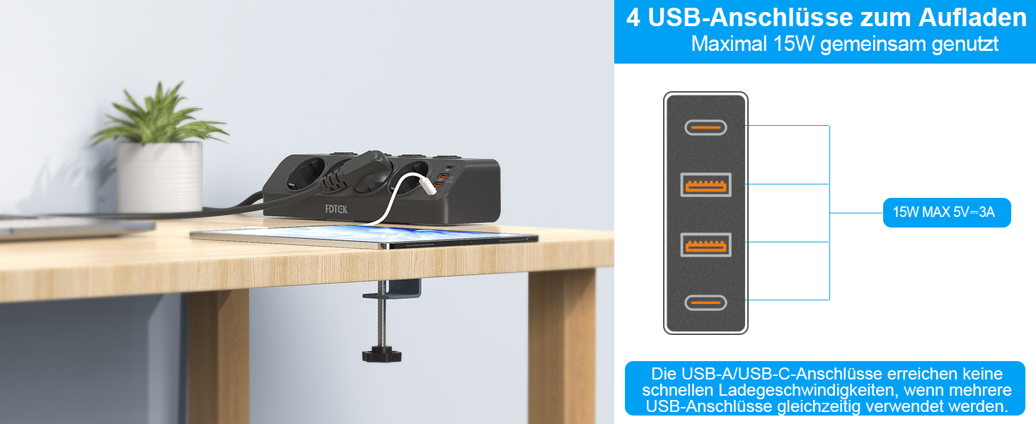 Мережевий адаптер PD 20W з плоским штеплером, розетка FDTEK 4-портова з індивідуальним вимикачем, 4000W, 16A, USB-C, розетка для столу з вимикачем, настільна розетка з кріпленням на стіну, кабель 2м (Чорний з кріпильною пластиною)