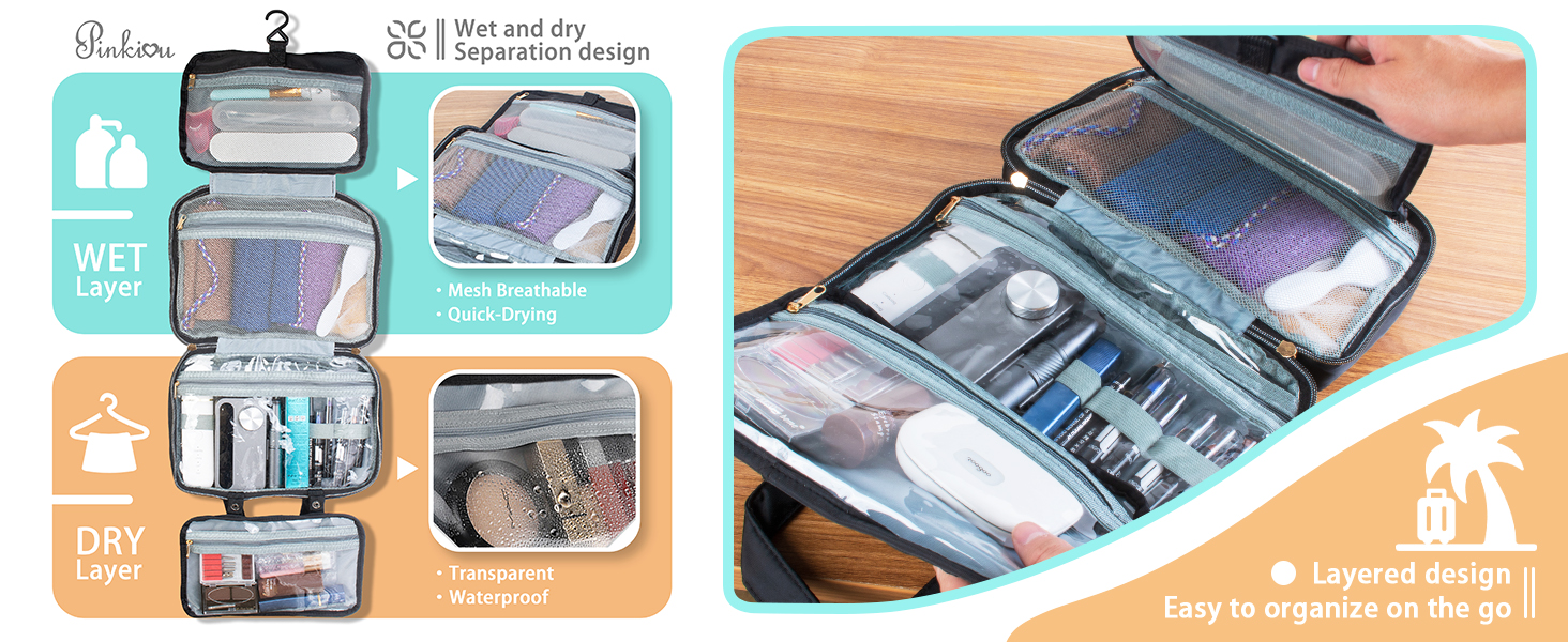 Чорна дорожня косметичка Pinkiou з гачком для підвішування, велика водонепроникна сумочка для косметики для жінок