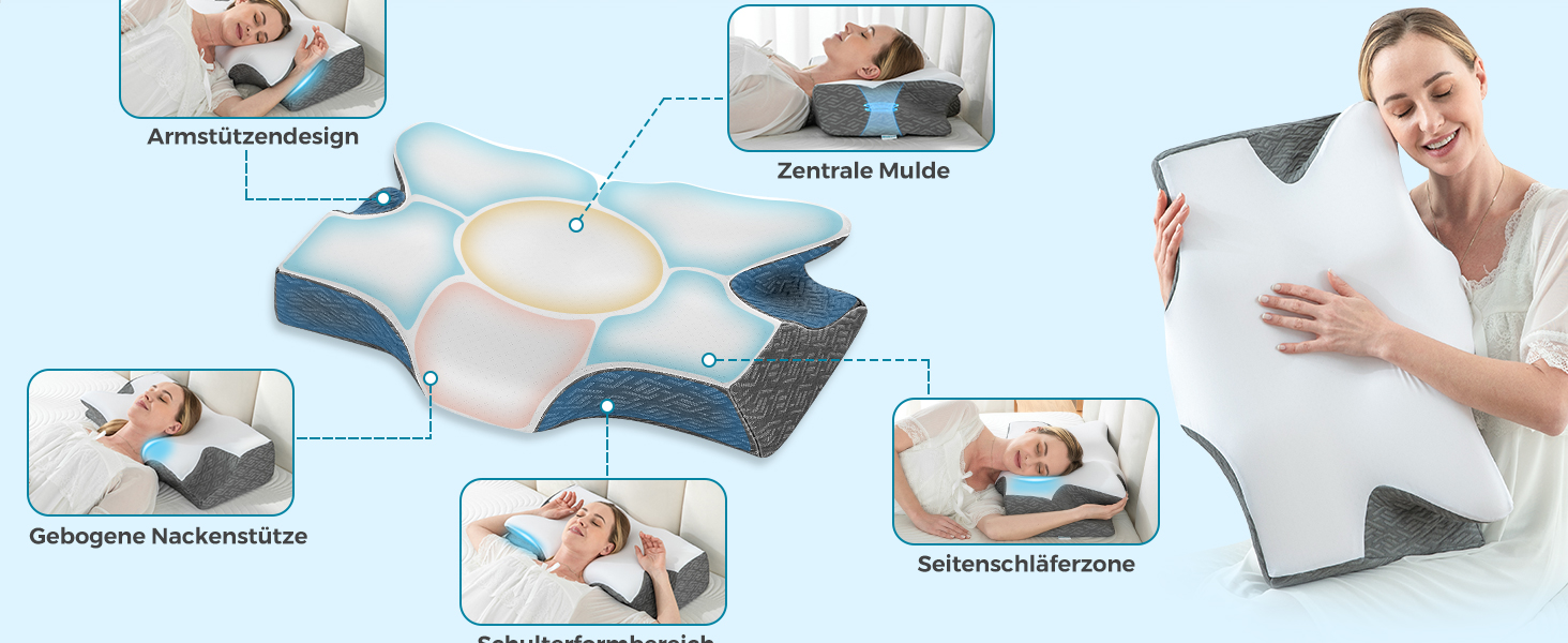 Ортопедична подушка Elviros з Memory Foam, ергономічна подушка для шиї, для тих, хто спить на боці, спині та животі, знімний чохол, Space Grey, 64×(11,5/13)×40 см