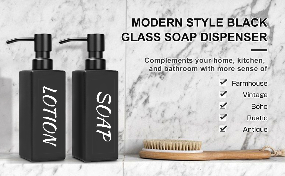 Набір мильниць MIUSITE 2 шт. по 350 мл з нержавіючою сталевою помпою, для мила та миття посуду, сучасні скляні флакони для ванної кімнати та кухні з водонепроникними етикетками, чорного кольору