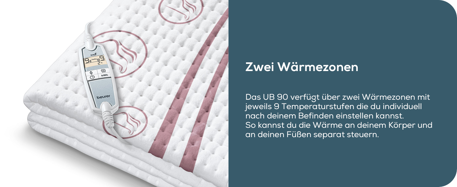 Електричне підігріваюче підстеля Beurer UB 90 Komfort з двома зонами нагріву та 9 рівнями температури, з автовимкненням та Eco-Control, 150 x 80 см, можна прати в пральній машині