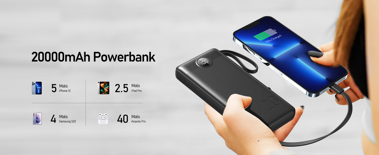 Power Bank 10000mAh з LED дисплеєм та інтегрованими кабелями. Сумісний з iPhone, iPad, Samsung, Xiaomi, Google Pixel. Чорний