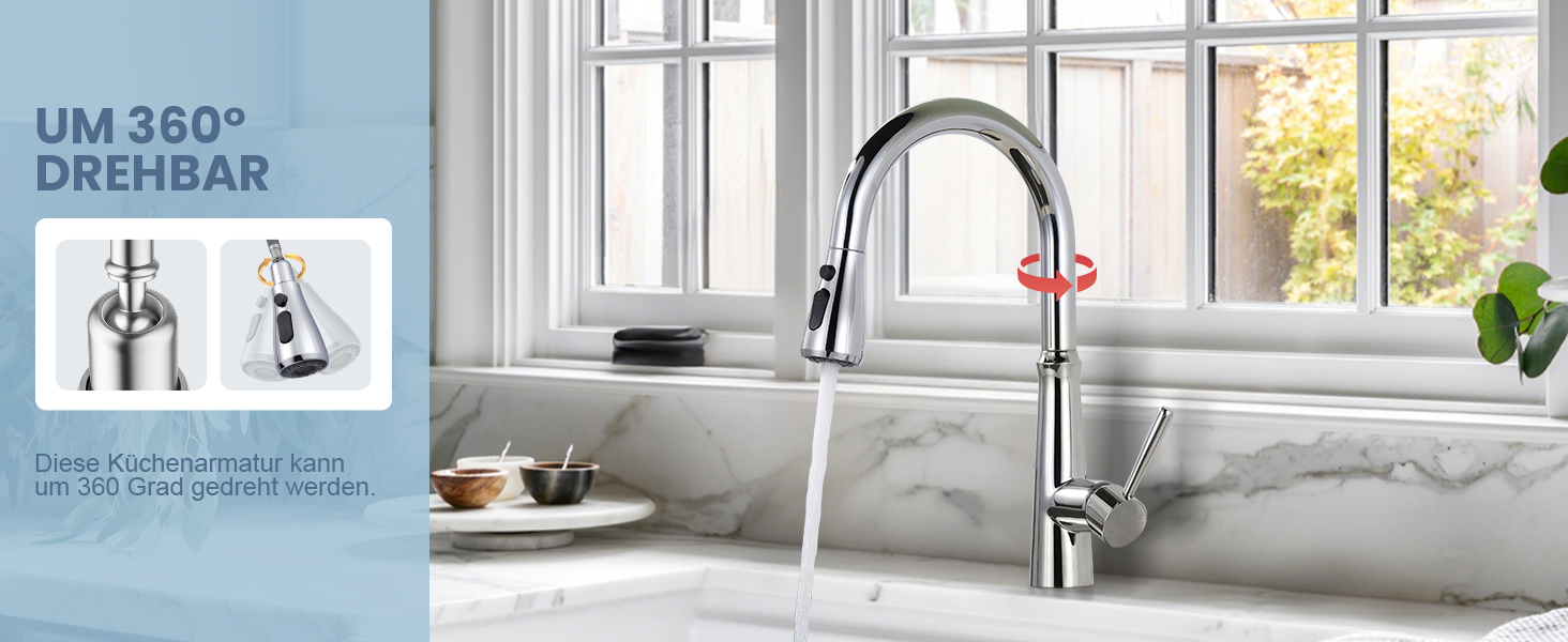 Змішувач кухонний iVIGA висувний з дощувачем, водоспад, 360° поворот, 3 режими, брашований нікель