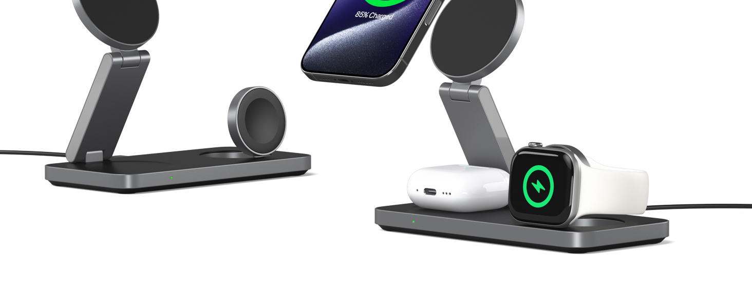 Бездротова зарядка Induktive з підтримкою MagSafe, 3-в-1 для iPhone 15/14/13/12, Apple Watch та AirPods, 30W, колір: чорний