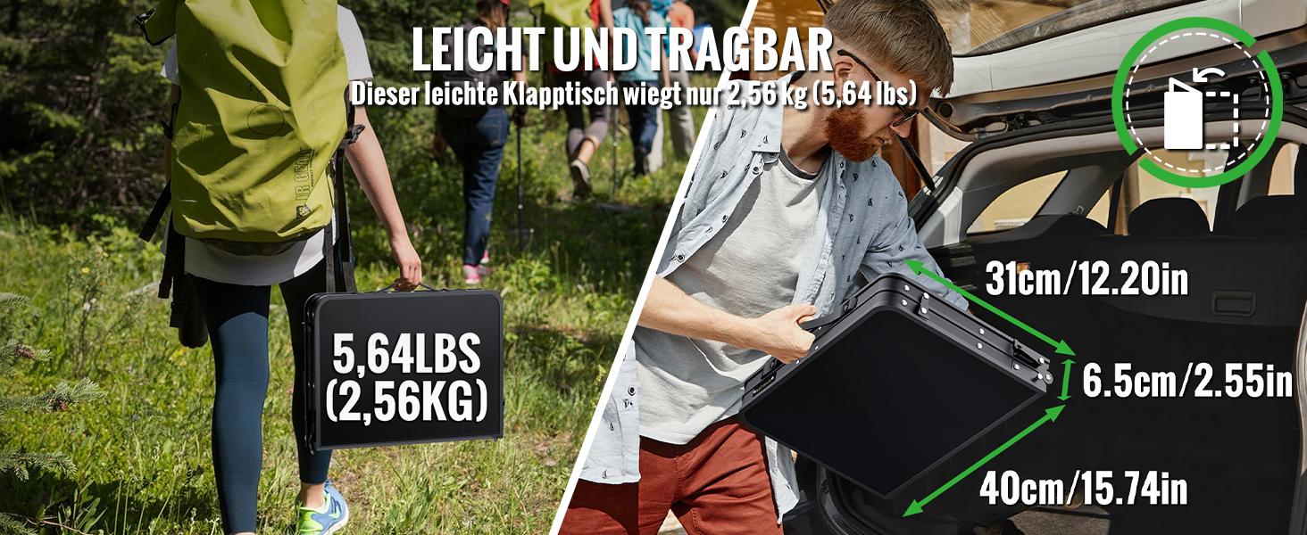 Складний кемпінговий стіл GARLLEN 60x40 см, регульована висота (27/51/75 см), чорний - для пікніка, саду, балкону, пляжу