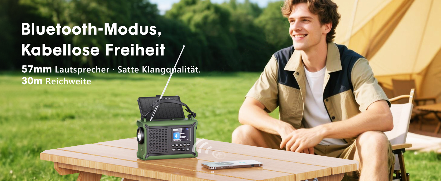 ROCAM Портативне радіо DAB+ з Bluetooth, 12000mAh, радіо з ручкою, сонячна панель 8500мм², 650mA, DAB/UKW, 2.4' дисплей, 80 станцій, LED ліхтарик, USB, SOS, IPX6, для надзвичайних ситуацій, зелене