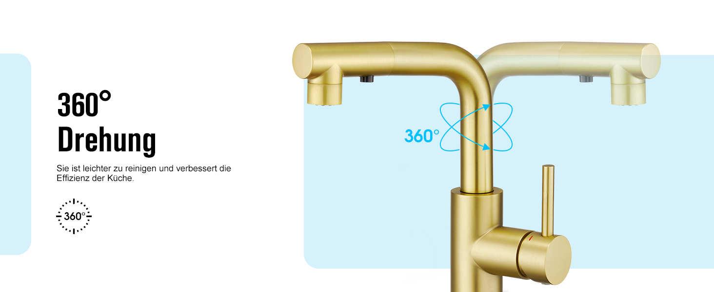 Кран кухонний CREA з 3 функціями: душ, висувний вилив, поворот 360°, матове золото (щітковане)