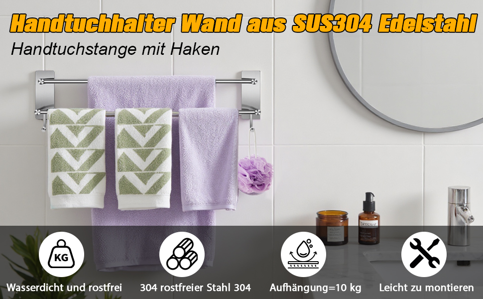 Тримач для рушників без свердління, 60 см, самоклеючий, з гачками, нержавіюча сталь, вологостійкий, для ванної кімнати та кухні, срібляний