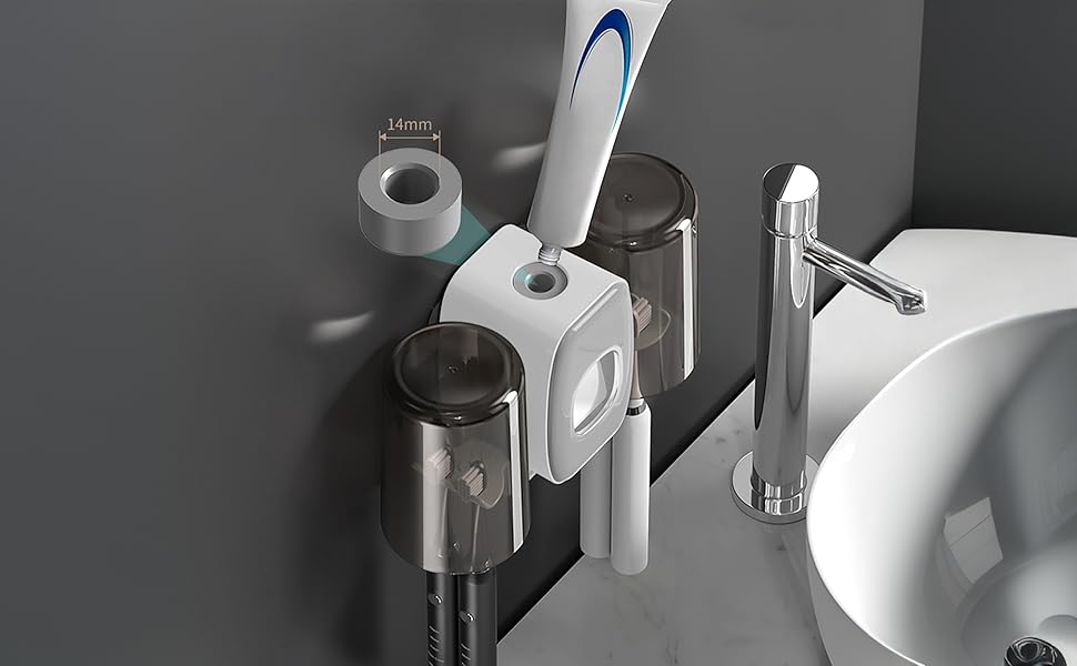 Настінний тримач для зубних щіток з автоматичним дозатором пасти, електричний для 4 щіток, 2 стаканчики, без свердління (чорний)