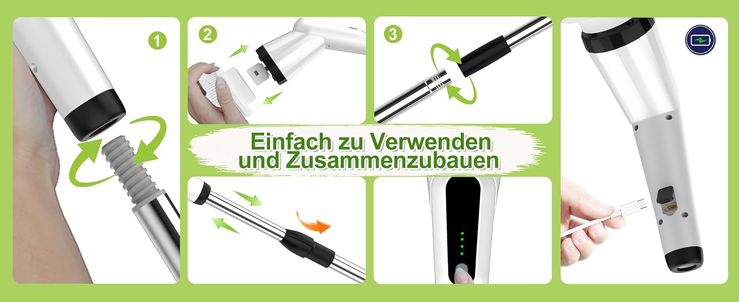 Електрична щітка для прибирання з 7 насадок, водонепроникна IPX7, регульована ручка, для ванної, кухні, підлоги, авто, біла