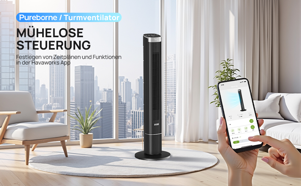Вентилятор Pureborne Leiser: Турбо-вентилятор з осциляцією 90°, Wi-Fi, пульт, 4 режими, таймер 12 год, чорний, 102 см