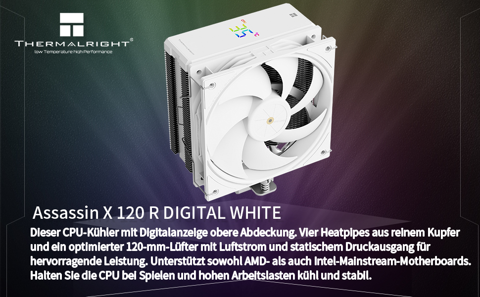 Thermalright Assassin X 120R Digital White - кулер для CPU з цифровим дисплеєм, 4 теплові трубки, PWM вентилятор, підтримка AM5 та Intel LGA1700/1851/1150/1151/1200