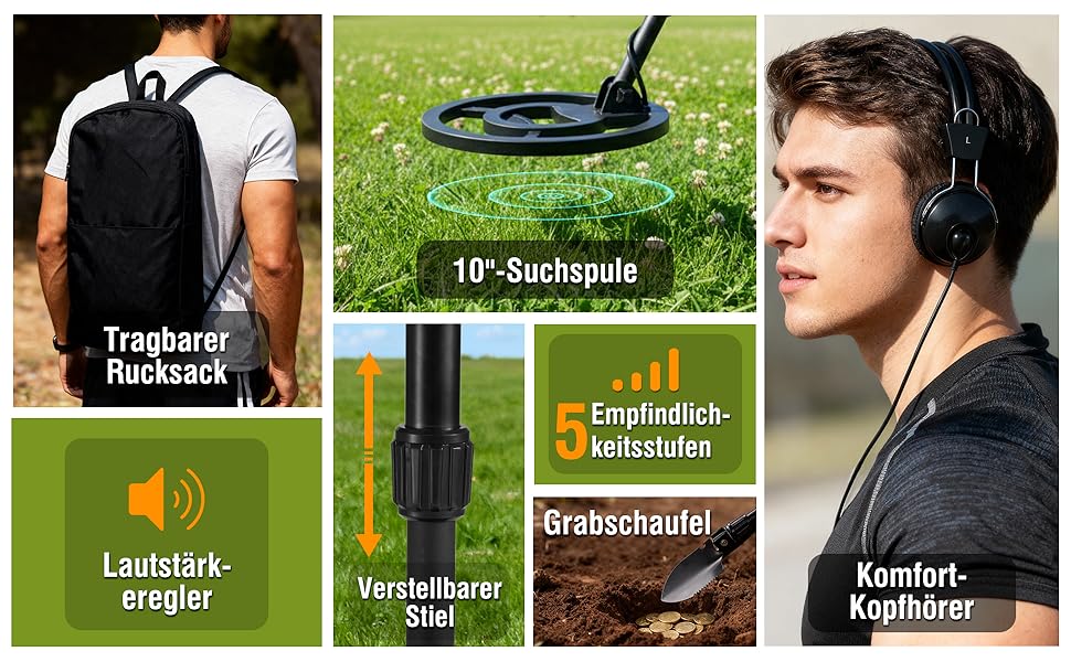 Металошукач Raddy MD120A Profi для дорослих: високоточний детектор золота з 4 режимами, водонепроникна котушка IPX7 10', LCD-дисплей, навушники, сумка та лопатка для пошуку скарбів
