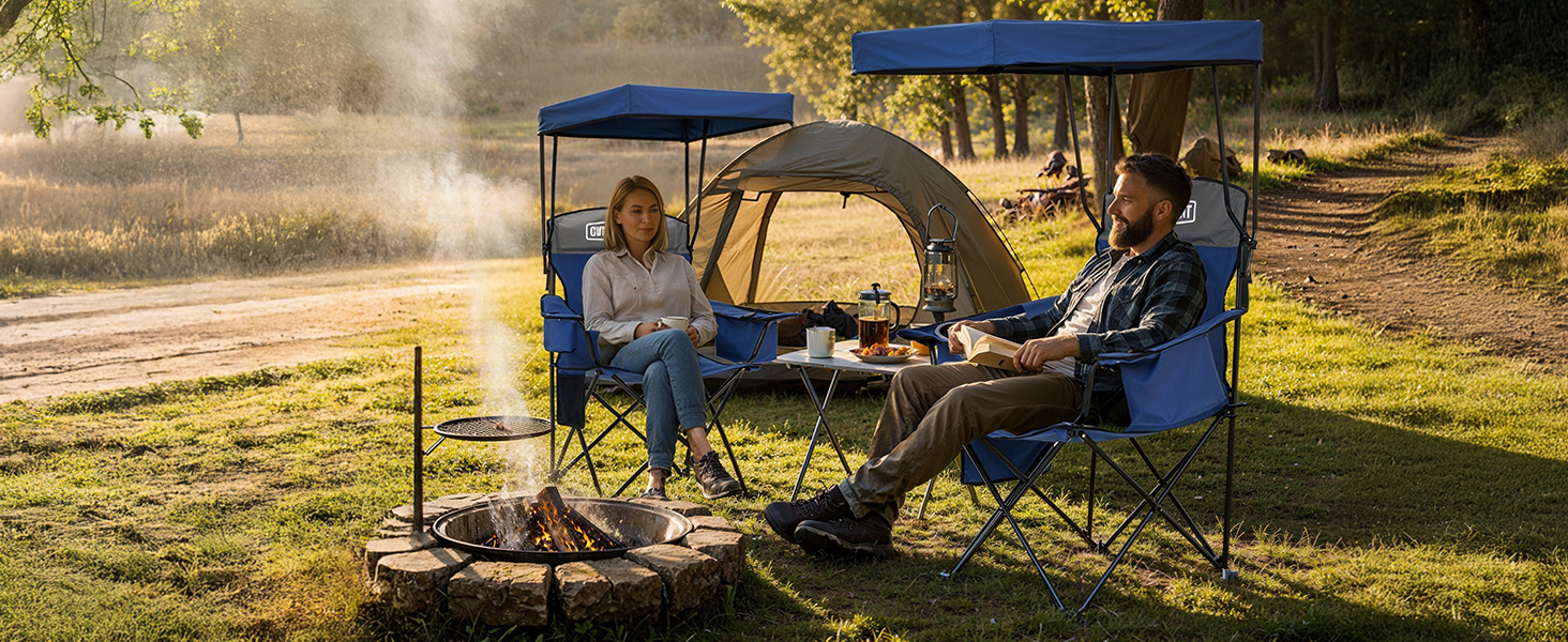 Кемпінговий стілець Overmont зі спадковим дахом, підсклянником та охолоджуючим кишенем - блакитно-сірий
