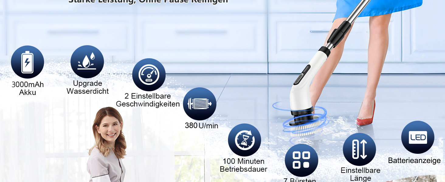 Електрична щітка для прибирання FYDEE IPX7 з 7 насадками та регульованою ручкою. Бездротовий Power Scrubber для ванної, кухні, авто та підлоги.