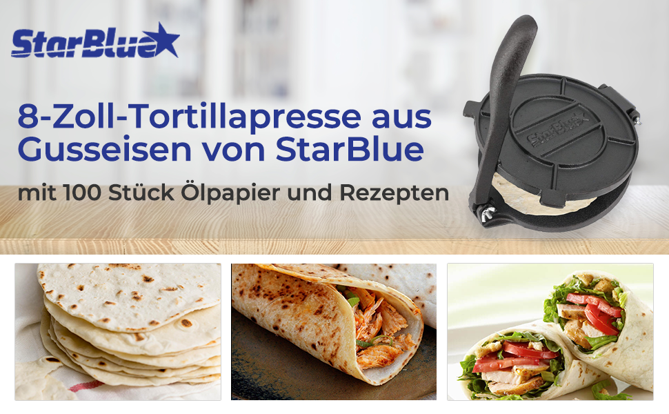 Пресс для тортилій зі сковороди StarBlue 10 дюймів (25 см) з 100 шт. паперу для випікання та електронною книгою з рецептами - для приготування чіпаті, тортильї, роті (8 дюймів)