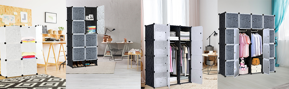 UISEBRT DIY Plastic Wardrobe System - Storage Shelf Wardrobe Closet Shoe Rack Plastic Boxes, 12 Boxes with Doors, Black with Pattern