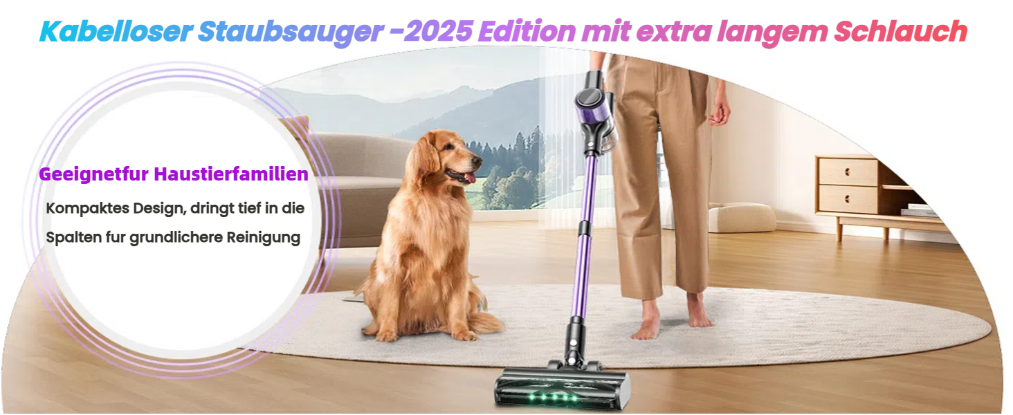 Бездротовий акумуляторний пилосос 45000 Па/500 Вт/45 хв з LED-дисплеєм та щіткою проти намотування, висувний шланг 73 см для твердих поверхонь, килимів, шерсті тварин, фіолетовий