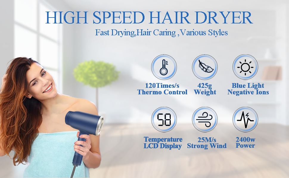 loevely Pink 2400W Ionic Hair Dryer - Fast Drying, Diffuser & Concentrator Nozzle, Constant Temperature, Professional Hair Dryer for Home & Salon Use (Blue)
