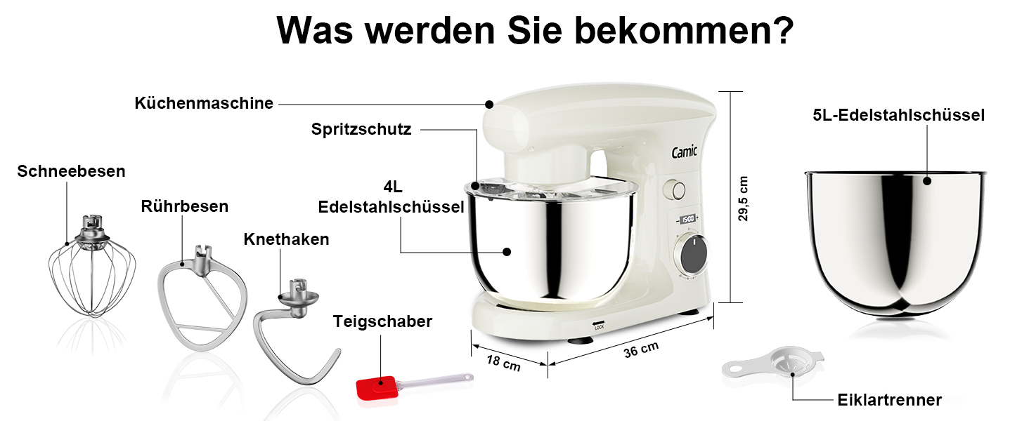 Кухонна машина Camic з 3 насадками (гак, міксер, вінчик), планетарний міксер з LED-дисплеєм, 10 швидкостей, 2 чашами з нержавіючої сталі 4Л та 5Л, для тіста, хліба, піци та тортів (Білий)