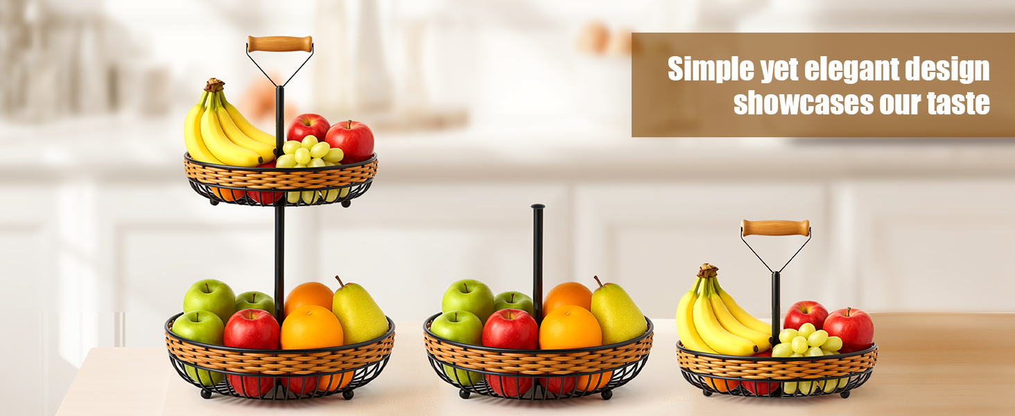 Двоярусний кошик для фруктів LEEJARD з синтетичного ротангу, знімний піддон, чорний (H:45 Dm:29 см)