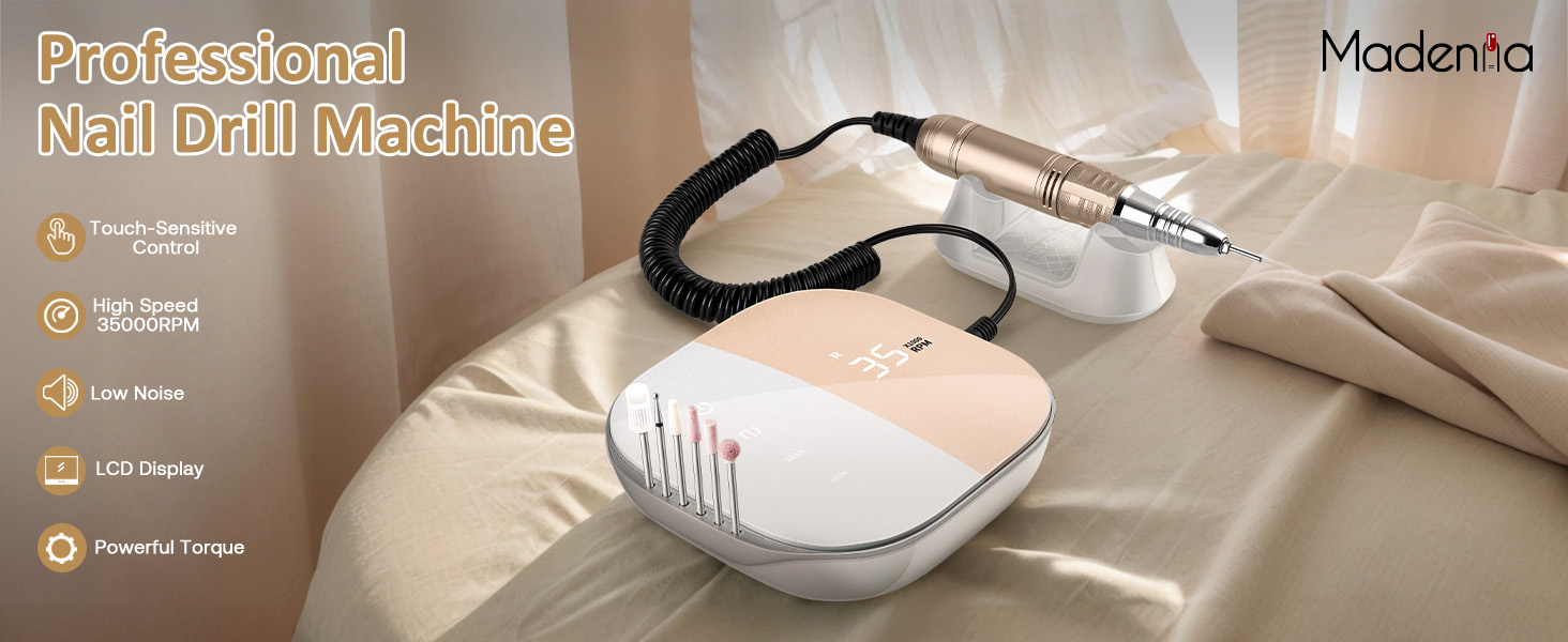 Електричний апарат для манікюру та педикюру Madenia TouchPro з LED-дисплеєм (35000 об/хв), 6 насадок, рожевий