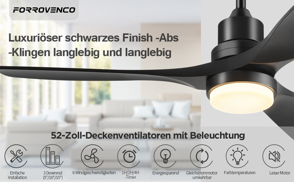 Стеляний вентилятор з підсвічуванням та пультом дистанційного керування, тихий DC двигун, 132 см/52 дюйми, 3 дерев'яних лопаті, таймер, 6 швидкостей, сертифікований ETL, режим літо/зима для спальні (132 см/52 дюйми, Чорний)