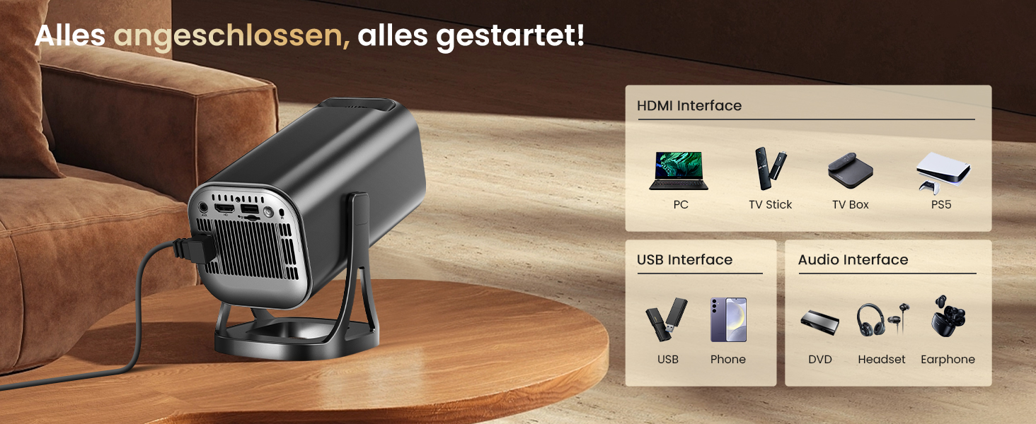 Міні проєктор Beamer 4K 1080p з Android 12.0, WiFi 6, Bluetooth 5.4, 22000 люмен, автокорекція трапецеїдальних спотворень, поворот 270°, підключення PC/HDMI/USB/TF, сірий