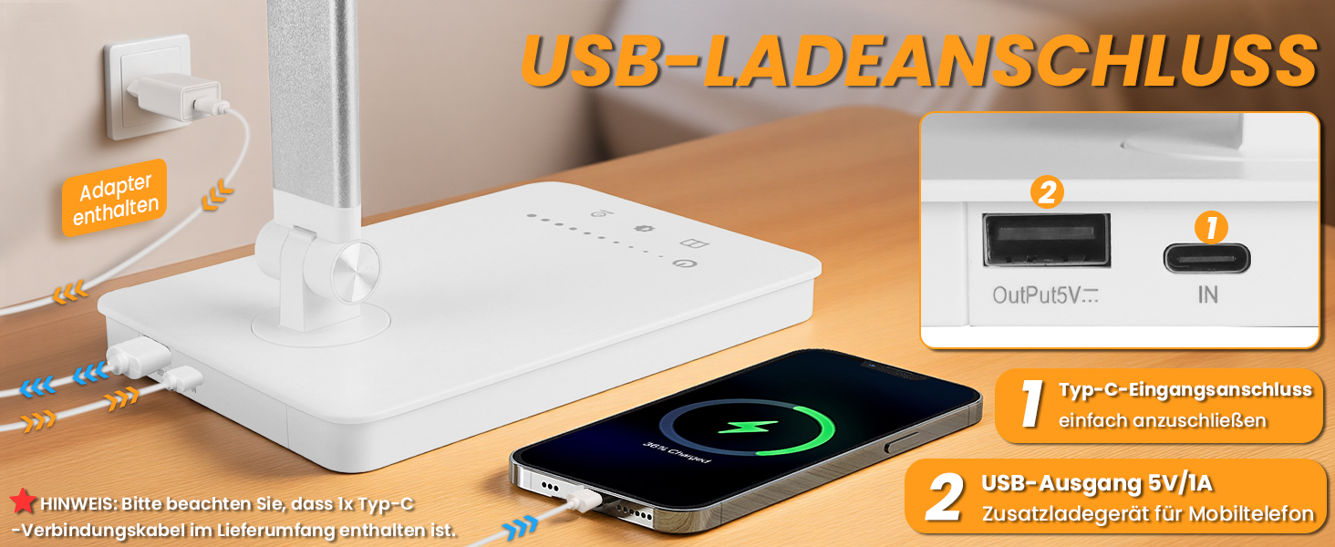 Світлодіодна настільна лампа Akynite з USB-портом, 42 LED, 5 режимів світла та 10 рівнів яскравості, сенсорне керування, таймер, біла