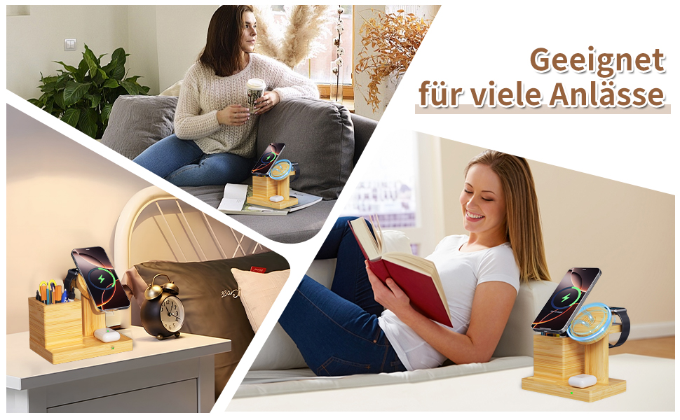 Багатофункціональна бамбукова зарядка 5-в-1 з LED-годинником та нічником. Підходить для Apple Watch, AirPods, Samsung Galaxy та інших пристроїв.