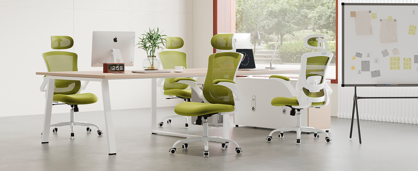 Офісне крісло Colamy з ергономічною підтримкою спини, регульованою підголівником та поперековою підтримкою, поворотне, (Зелений, Classic)