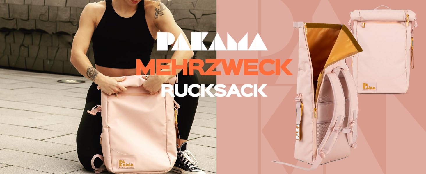 PAKAMA Рюкзак-мішок Rolltop 25л для жінок і чоловіків, водонепроникний, багато відділень, для роботи, подорожей і відпочинку, з відділенням для ноутбука, туристичний рюкзак (рожевий Paris Pink)