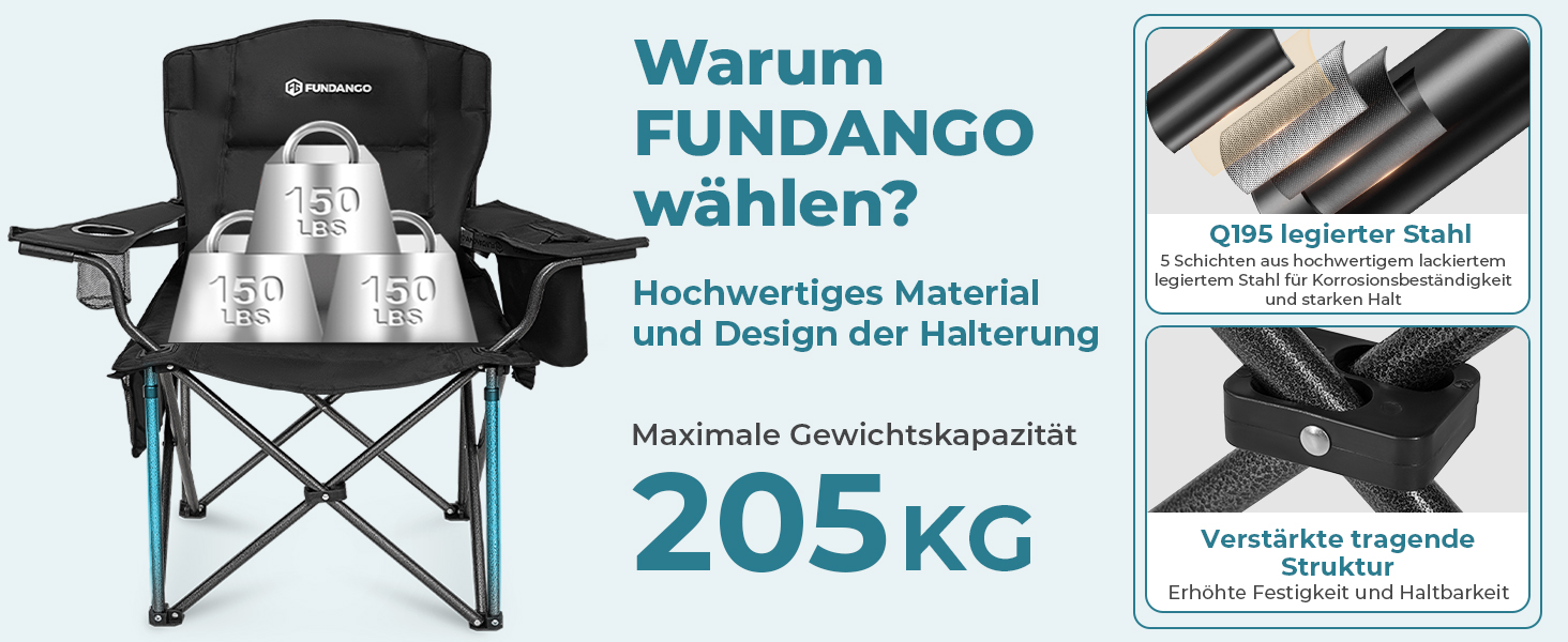 Крісло для кемпінгу Fundango, розкладне, чорне, XXL, 205 кг, з підлокітниками та кишенею для напоїв та холодильником