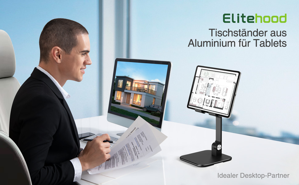 Алюмінієва підставка для iPad та планшетів elitehood, регульована за висотою та нахилом, складана тримач для iPad Pro 12.9, Air, Mini, Samsung Galaxy Tab (4-13 дюймів), чорна