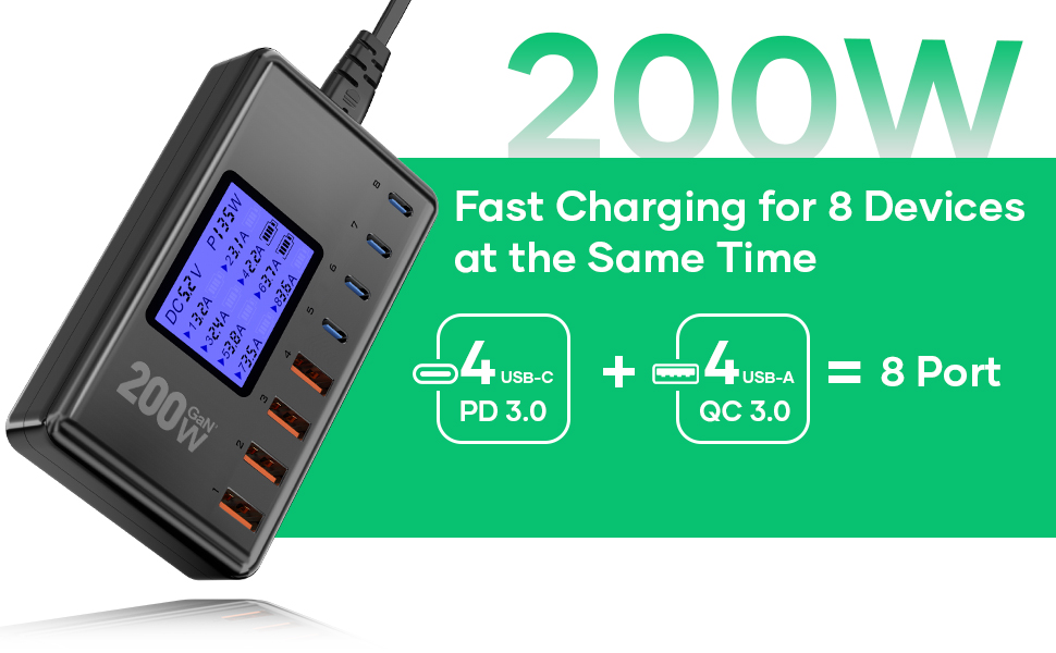 Зарядний пристрій GaN 200W, 8 портів: 4x USB-C PD 30W, 4x USB-A QC 18W - для iPhone 15/14/13 Pro Max, iPad, Samsung S24/S23. Швидка зарядка, адаптер живлення, чорний