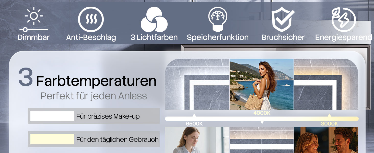 Дзеркало для ванної кімнати HySail з підсвічуванням, 5 мм, висока роздільна здатність, срібне покриття, 3 колірні температури та регульована яскравість, настінне дзеркало з сенсорним вимикачем та функцією проти запотівання (3 кольори + регулювання яскравості, 100 x 60 см)