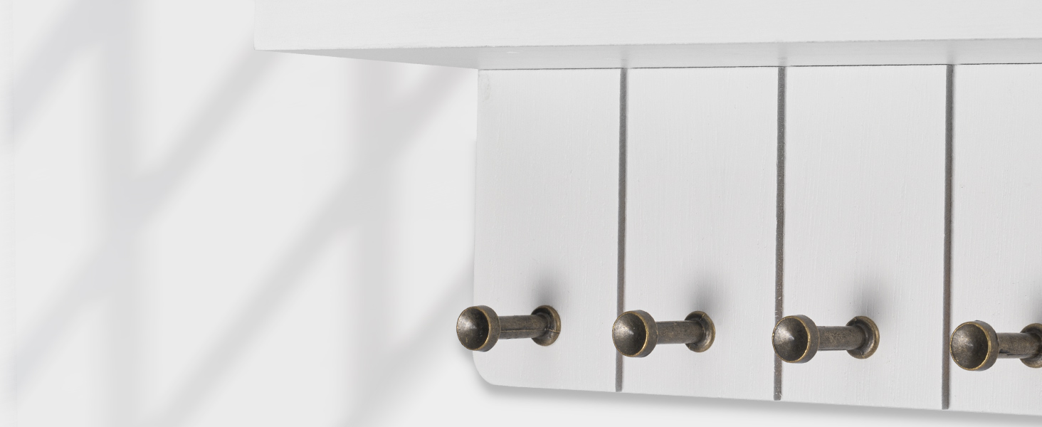 Дерев'яне ключниця з полицею, білий колір, 5 гачків, декоративна настінна полиця для прихожої, кухні, спальні