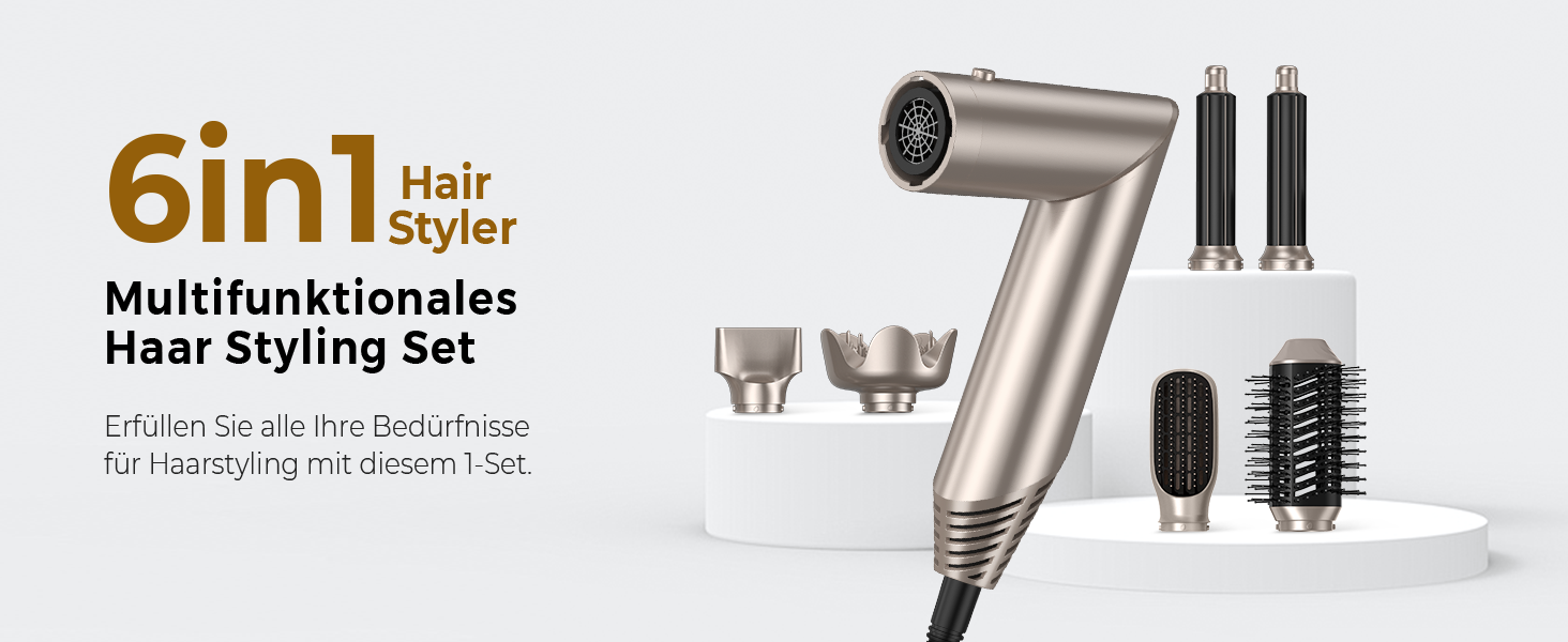 UKLISS 6-в-1 Airstyler: Фен-щітка, локони, укладка, іонізація 60 000 U/min, золотий