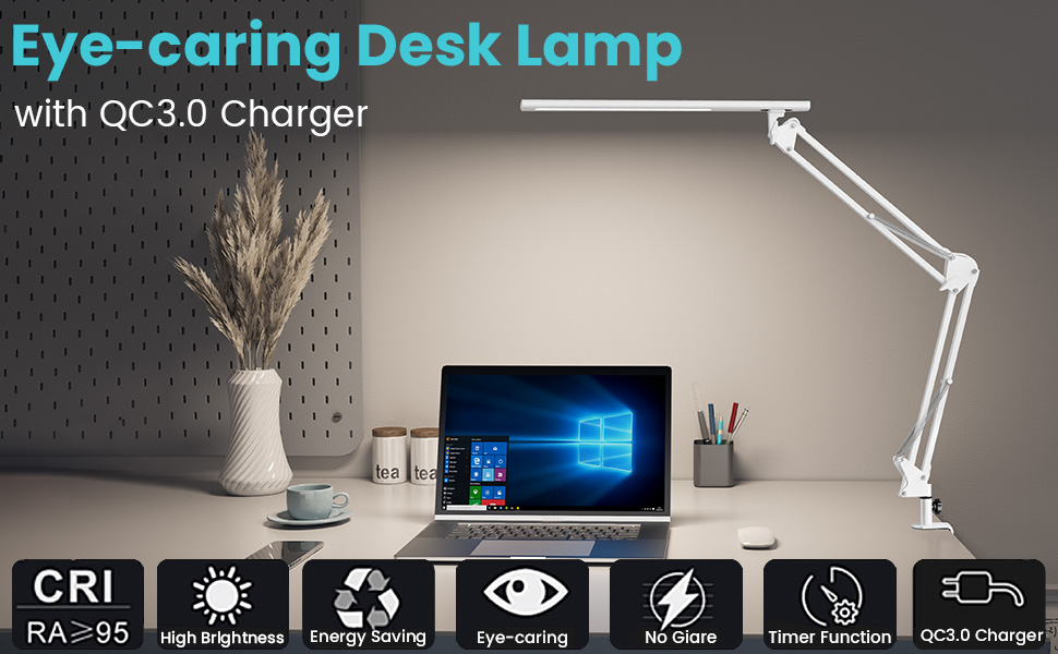 Лампа для робочого столу в офіс, кріпиться на стіл, архітекторська лампа з адаптером QC3.0, лінза Френеля, 5 режимів кольору та регулювання яскравості, лампа-прищіпка з функцією пам'яті, біле освітлення