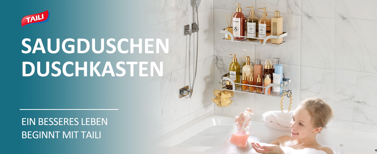 Поличка для душу TAILI без свердління, регульована, набір 2 шт. з гачками, нержавіюча сталь, чорний/срібний, органайзер для душу, кухні, ванної кімнати